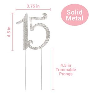 15 Cake Topper - Premium Silver Metal - 15th Birthday or Anniversary Party - Sparkly Rhinestone Quinceanera Cake Topper Decoration Makes a Great Centerpiece - Now Protected in a Box