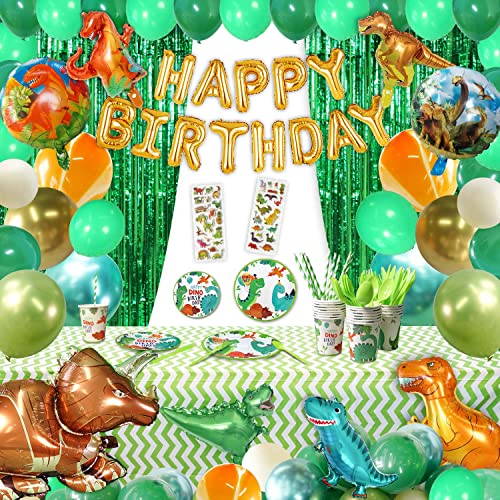 Party Spot! Dinosaur Birthday Party Supplies, Dinosaur Party Decorations 150 Pcs-Dinosaur Balloon, Fringe Curtain, Sticker, Plate, Balloon Inflator For 12 Guest