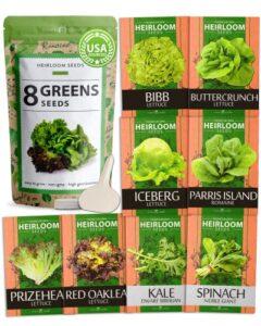 lettuce & salad greens seed vault - 4,000+ non-gmo vegetable seeds for outdoors or indoors - romaine, iceberg lettuce seeds for planting, kale spinach & more: hydroponic home garden seeds (8 variety)