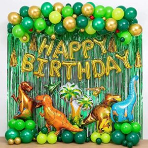110 pcs dinosaur birthday party decorations, ribbon dot glue green party decorations dinosaur birthday party supplies with happy birthday banner dino party decoration for boys (gold&green)