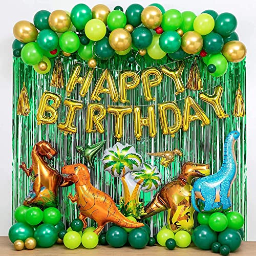 110 pcs Dinosaur Birthday Party Decorations, Ribbon Dot Glue Green Party Decorations Dinosaur Birthday Party Supplies with Happy Birthday Banner Dino Party Decoration for Boys (Gold&Green)