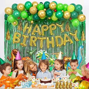 110 pcs Dinosaur Birthday Party Decorations, Ribbon Dot Glue Green Party Decorations Dinosaur Birthday Party Supplies with Happy Birthday Banner Dino Party Decoration for Boys (Gold&Green)