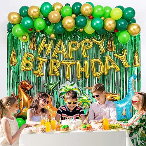 110 pcs Dinosaur Birthday Party Decorations, Ribbon Dot Glue Green Party Decorations Dinosaur Birthday Party Supplies with Happy Birthday Banner Dino Party Decoration for Boys (Gold&Green)