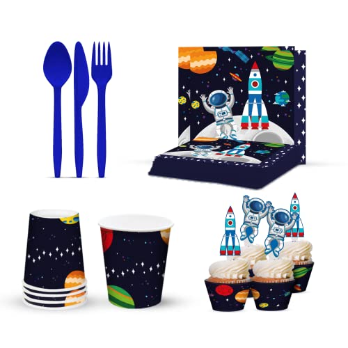 My Greca Space Birthday Party Decorations – (Serves 20) - Space Themed Party Supplies Set - Plates, Cups, Napkins, Cupcake Toppers & Wrappers, Happy Birthday Banner, Table Cover, Balloon Garland Kit