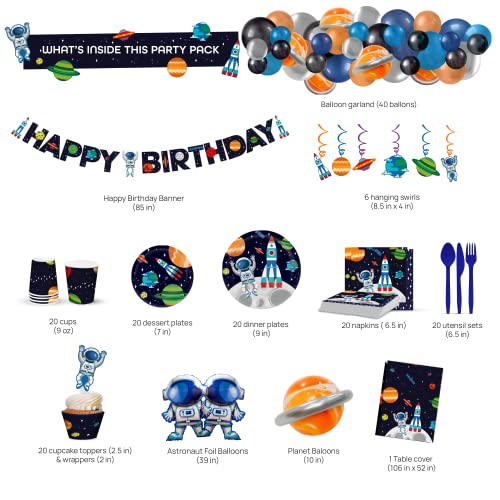 My Greca Space Birthday Party Decorations – (Serves 20) - Space Themed Party Supplies Set - Plates, Cups, Napkins, Cupcake Toppers & Wrappers, Happy Birthday Banner, Table Cover, Balloon Garland Kit