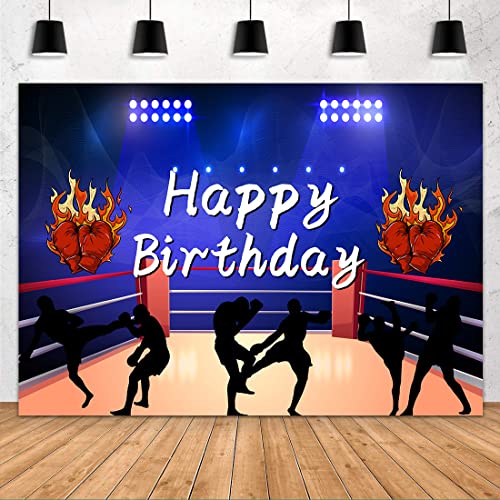 FHZON Boxing Birthday Backdrop Ring Blue Lights Photo Booth Wrestling Boxers Red Flame Gloves Banner Props Gym Decor Supplies Theme Party Live Background 7x5ft BJZZFH125