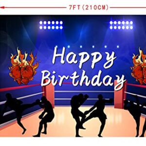 FHZON Boxing Birthday Backdrop Ring Blue Lights Photo Booth Wrestling Boxers Red Flame Gloves Banner Props Gym Decor Supplies Theme Party Live Background 7x5ft BJZZFH125