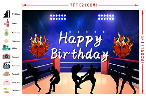 FHZON Boxing Birthday Backdrop Ring Blue Lights Photo Booth Wrestling Boxers Red Flame Gloves Banner Props Gym Decor Supplies Theme Party Live Background 7x5ft BJZZFH125