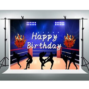 FHZON Boxing Birthday Backdrop Ring Blue Lights Photo Booth Wrestling Boxers Red Flame Gloves Banner Props Gym Decor Supplies Theme Party Live Background 7x5ft BJZZFH125