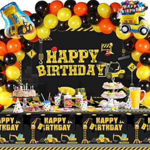 58 pieces construction birthday party supplies include excavator bulldozer foil balloon, table cover, backdrop, black yellow orange balloon and balloon chain for kids dump truck party decorations