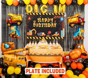 figepo 179 pack construction birthday party supplies dump truck party decorations kits plates, utensils, napkins, tablecloth, cake toppers, backdrop, balloons, curtains, tape banner serves 16 guests