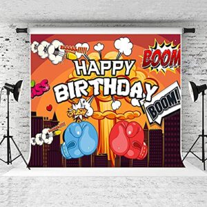 EMTOBT Happy Birthday Backdrop Superhero City Boom Background Red and Blue Boxing for Boy Gift Childen Happy Birthday Party Decorating 7x5FT Banner Photo Booth Props Room Decor Supplies BJWHEM562