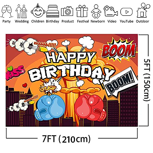 EMTOBT Happy Birthday Backdrop Superhero City Boom Background Red and Blue Boxing for Boy Gift Childen Happy Birthday Party Decorating 7x5FT Banner Photo Booth Props Room Decor Supplies BJWHEM562