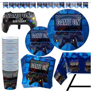 103 piece video gaming party supplies set including banner, plates, cups, napkins, tablecloth, x-large joy stick controller balloon - serves 25