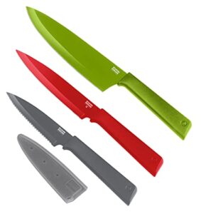 kuhn rikon colori+ mixed knife set with non-stick coating and safety sheaths, set of 3, green, red and graphite grey
