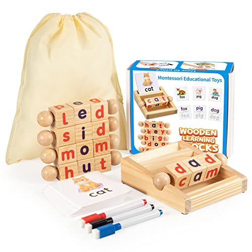 Montessori Toys for Toddlers 3 4 5 Years Old Wooden Reading Writing Blocks Flash Cards Rotating Matching Letters Toy Short Vowel Rods Spelling Games for Kids Alphabet Learning for Preschool Boys Girls