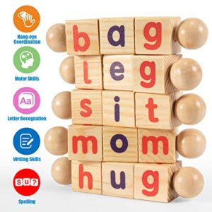 Montessori Toys for Toddlers 3 4 5 Years Old Wooden Reading Writing Blocks Flash Cards Rotating Matching Letters Toy Short Vowel Rods Spelling Games for Kids Alphabet Learning for Preschool Boys Girls