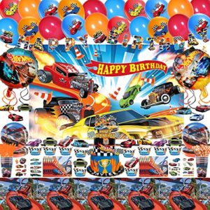 169 pcs race car birthday party supplies, car theme decorations for serves 10 guests, include banner, cupcake toppers, hanging swirls, backdrop, tablewares, balloons, tablecloth and tattoo stickers