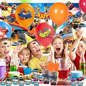 169 PCS Race Car Birthday Party Supplies, Car Theme Decorations for Serves 10 Guests, Include Banner, Cupcake Toppers, Hanging Swirls, Backdrop, Tablewares, Balloons, Tablecloth and Tattoo Stickers