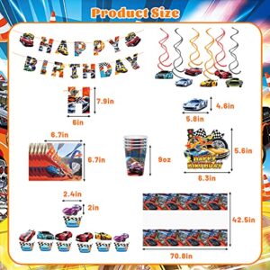 169 PCS Race Car Birthday Party Supplies, Car Theme Decorations for Serves 10 Guests, Include Banner, Cupcake Toppers, Hanging Swirls, Backdrop, Tablewares, Balloons, Tablecloth and Tattoo Stickers