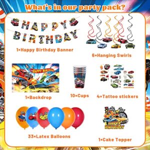 169 PCS Race Car Birthday Party Supplies, Car Theme Decorations for Serves 10 Guests, Include Banner, Cupcake Toppers, Hanging Swirls, Backdrop, Tablewares, Balloons, Tablecloth and Tattoo Stickers