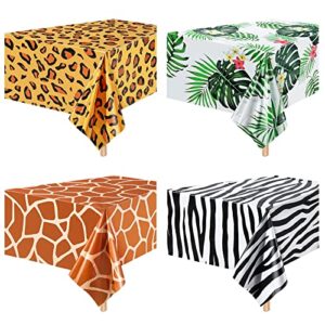 animal safari tablecloth jungle animal theme tablecover tiger zebra giraffe print table cover tropical leaf tablecloth party supplies for jungle safari birthday baby showers (greenery style, 4 pcs)