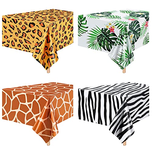 Animal Safari Tablecloth Jungle Animal Theme Tablecover Tiger Zebra Giraffe Print Table Cover Tropical Leaf Tablecloth Party Supplies for Jungle Safari Birthday Baby Showers (Greenery Style, 4 Pcs)