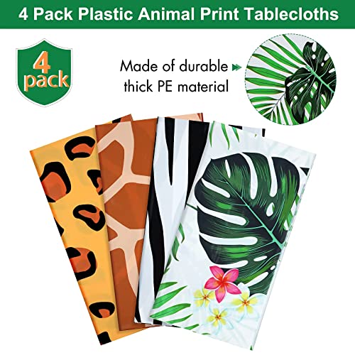 Animal Safari Tablecloth Jungle Animal Theme Tablecover Tiger Zebra Giraffe Print Table Cover Tropical Leaf Tablecloth Party Supplies for Jungle Safari Birthday Baby Showers (Greenery Style, 4 Pcs)