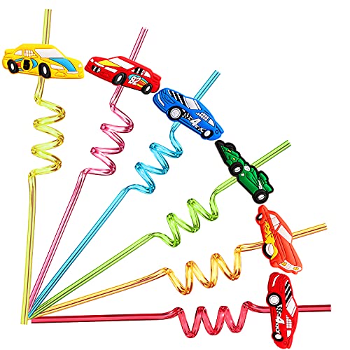 24 Race Car Party Favors Reusable Drinking Straws for Kids Boys Racecar Wheels Birthday Decorations Two Fast Party Supplies with 2 PCS Cleaning Brushes