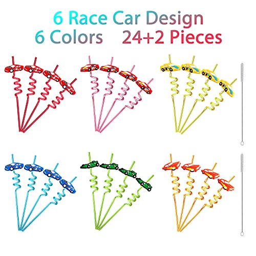 24 Race Car Party Favors Reusable Drinking Straws for Kids Boys Racecar Wheels Birthday Decorations Two Fast Party Supplies with 2 PCS Cleaning Brushes