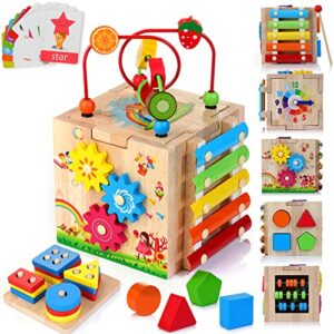 hellowood wooden activity cube, 8-in-1 montessori toys gift set for 12+ months boys & girls, educational learning toys for toddlers age 1-2, one year old baby birthday gifts, bonus sort & stack board