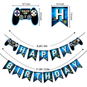 TMCCE Blue Video Game Party Supplies Gaming Party Decoration For Paper Plates,Cups,Napkins, Straws,Hanging Swirls,Balloons And Happy Birthday Banner For Gamer Birthday Party Decoration(NO Tablecloth)