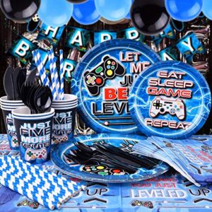 TMCCE Blue Video Game Party Supplies Gaming Party Decoration For Paper Plates,Cups,Napkins, Straws,Hanging Swirls,Balloons And Happy Birthday Banner For Gamer Birthday Party Decoration(NO Tablecloth)