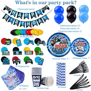 TMCCE Blue Video Game Party Supplies Gaming Party Decoration For Paper Plates,Cups,Napkins, Straws,Hanging Swirls,Balloons And Happy Birthday Banner For Gamer Birthday Party Decoration(NO Tablecloth)