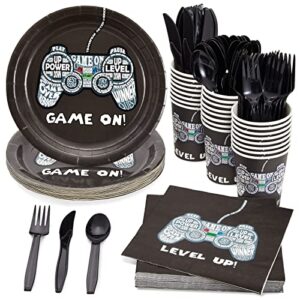 144 piece video game birthday party supplies, serves 24 guests, disposable dinnerware set, video gamer plates, napkins, cups, cutlery, for boys gaming party decorations