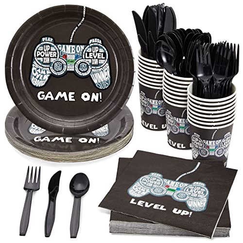 144 Piece Video Game Birthday Party Supplies, Serves 24 Guests, Disposable Dinnerware Set, Video Gamer Plates, Napkins, Cups, Cutlery, for Boys Gaming Party Decorations