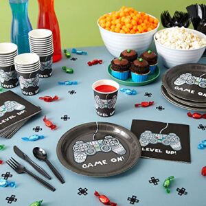 144 Piece Video Game Birthday Party Supplies, Serves 24 Guests, Disposable Dinnerware Set, Video Gamer Plates, Napkins, Cups, Cutlery, for Boys Gaming Party Decorations