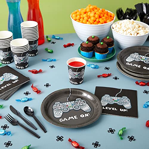 144 Piece Video Game Birthday Party Supplies, Serves 24 Guests, Disposable Dinnerware Set, Video Gamer Plates, Napkins, Cups, Cutlery, for Boys Gaming Party Decorations