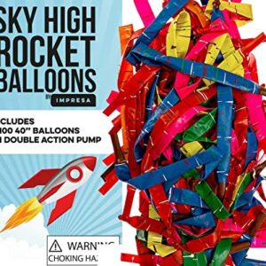 [100 Pack] Rocket Balloons Plus 1 Easy-To-Use Pump - Party Pack, No Need for A Refill - Watch Each Screaming Balloon Rocket to the Sky! By IMPRESA (Pump Color May Vary)