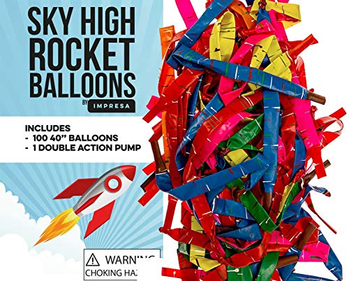 [100 Pack] Rocket Balloons Plus 1 Easy-To-Use Pump - Party Pack, No Need for A Refill - Watch Each Screaming Balloon Rocket to the Sky! By IMPRESA (Pump Color May Vary)