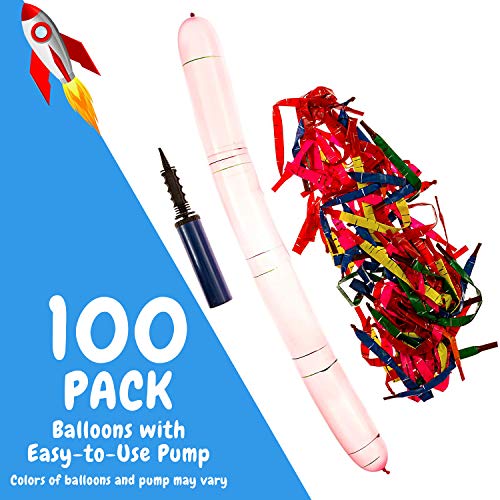 [100 Pack] Rocket Balloons Plus 1 Easy-To-Use Pump - Party Pack, No Need for A Refill - Watch Each Screaming Balloon Rocket to the Sky! By IMPRESA (Pump Color May Vary)