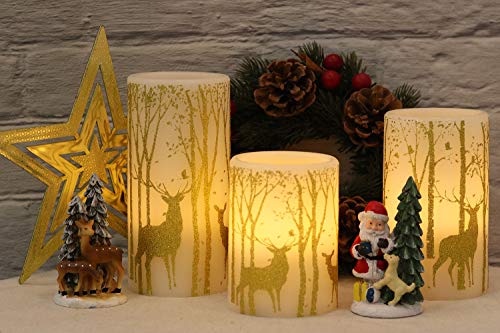 GenSwin Flickering Flameless Candles Battery Operated with 6 Hours Timer, Real Wax Led Pillar Candles Deer Decal Warm Light, Pack of 3 Christmas Home Decor