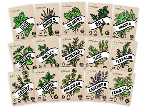 Culinary Herb Seeds Variety 15 Pack—Includes Basil, Cilantro, Parsley,Chives, Thyme, Oregano, Dill, Rosemary,Sage,Arugula,Tarragon,Lavender,Lemon Balm,Marjoram and Rosemary—Non GMO Seeds for Planting