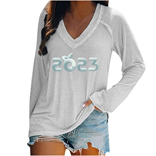 Womens Casual V-neck Long-sleeved Pullover Print Raglan Sleeve Ladies T-shirt Vintage New Years Eve Party Supplies 2023 White