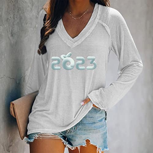 Womens Casual V-neck Long-sleeved Pullover Print Raglan Sleeve Ladies T-shirt Vintage New Years Eve Party Supplies 2023 White