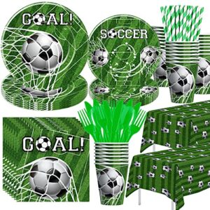 apowbls soccer birthday party supplies - soccer party decorations dinnerware, plates, cups, napkins, tablecloth, cutlery, straw, sports theme soccer birthday party decorations tableware | serve 24