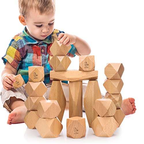 OATHX Montessori Toys Stacking Rocks Wooden Blocks Building Preschool Balancing Stones for Toddlers 1-3 Girls Boys Sensory Natural Wood 20pcs Large Size