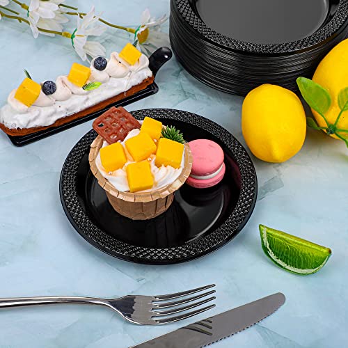 Breroa 300 Pieces Black Plastic Plates 6 Inch Disposable Round Dessert Plates Heavy Duty Appetizer Dinner Party Plates for Events Buffet Wedding Baby Shower Graduation Birthday Party Supplies