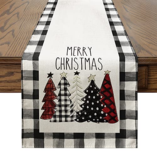 Artoid Mode Waterclor Buffalo Plaid Christmas Trees Merry Xmas Table Runner, Seasonal Winter Holiday Kitchen Dining Table Decoration for Indoor Outdoor Home Party Decor 13 x 72 Inch