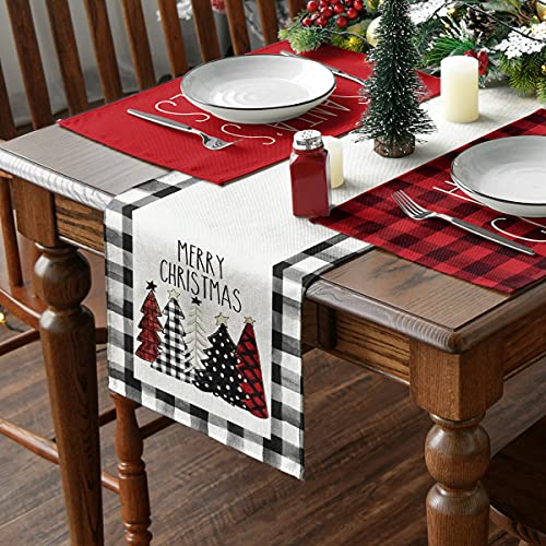 Artoid Mode Waterclor Buffalo Plaid Christmas Trees Merry Xmas Table Runner, Seasonal Winter Holiday Kitchen Dining Table Decoration for Indoor Outdoor Home Party Decor 13 x 72 Inch